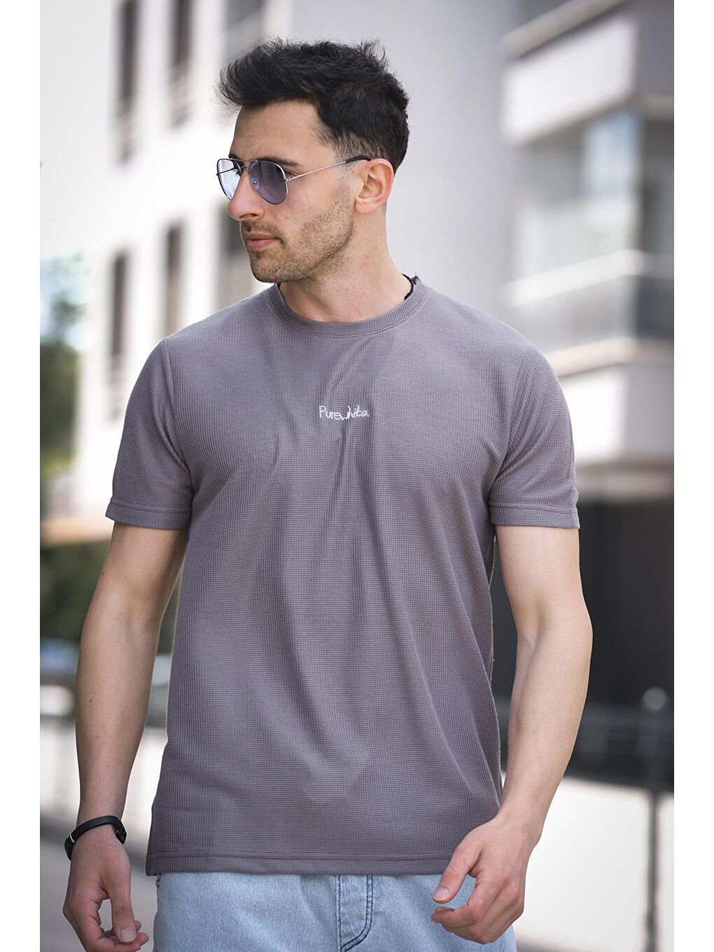 Gri Pure Slim Fit Waffle Kumaş Bisiklet Yaka Baskılı Erkek Tshirt-2