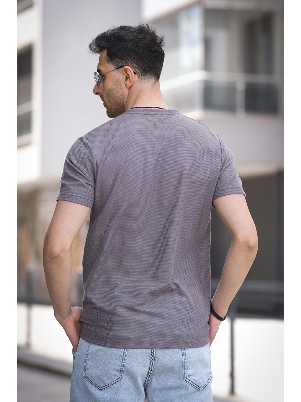 Gri Pure Slim Fit Waffle Kumaş Bisiklet Yaka Baskılı Erkek Tshirt-3