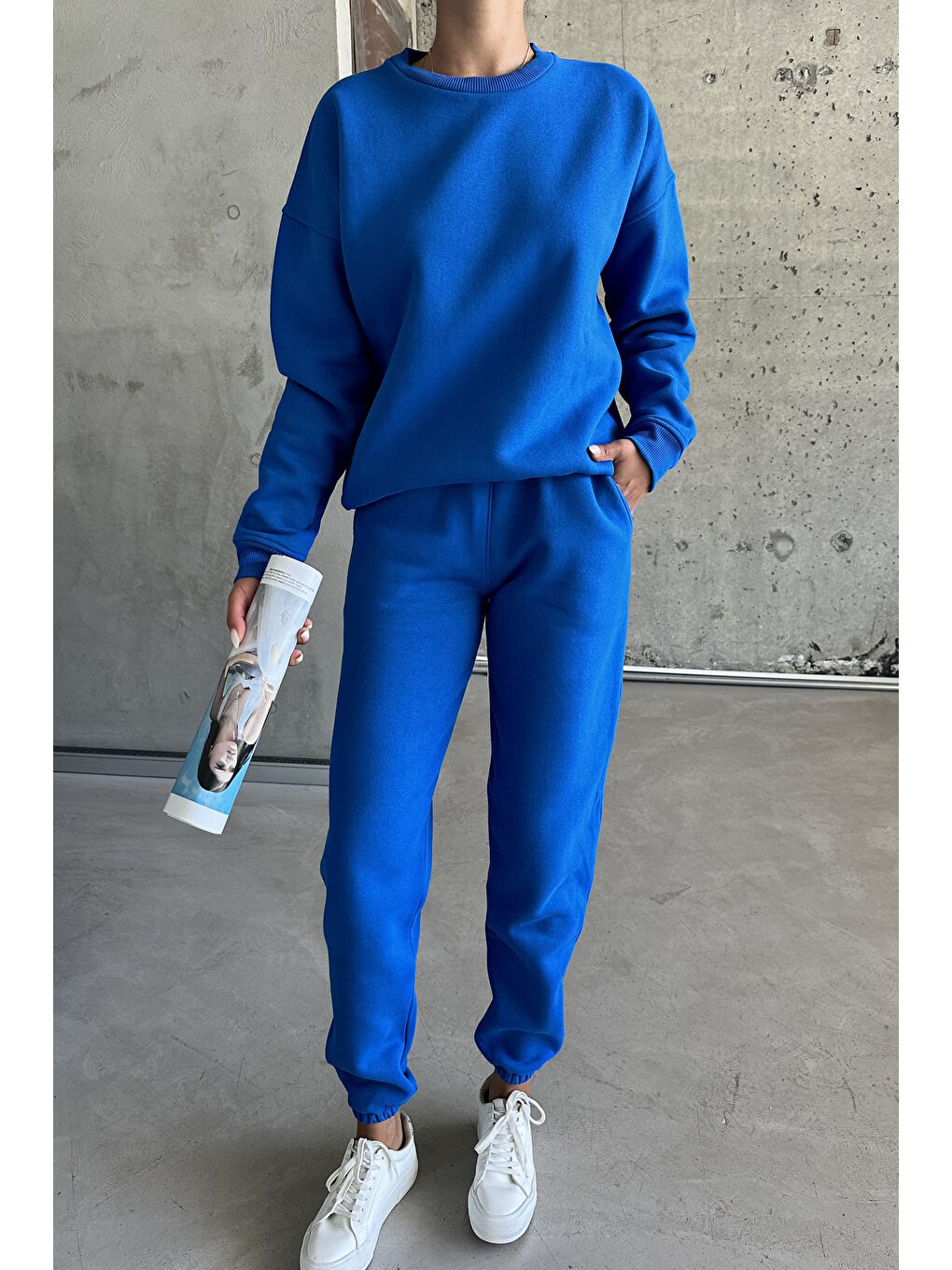 Kadın Erkek Sax Mavi Bisiklet Yaka Düz Oversize Alt-Üst Eşofman Takımı-1