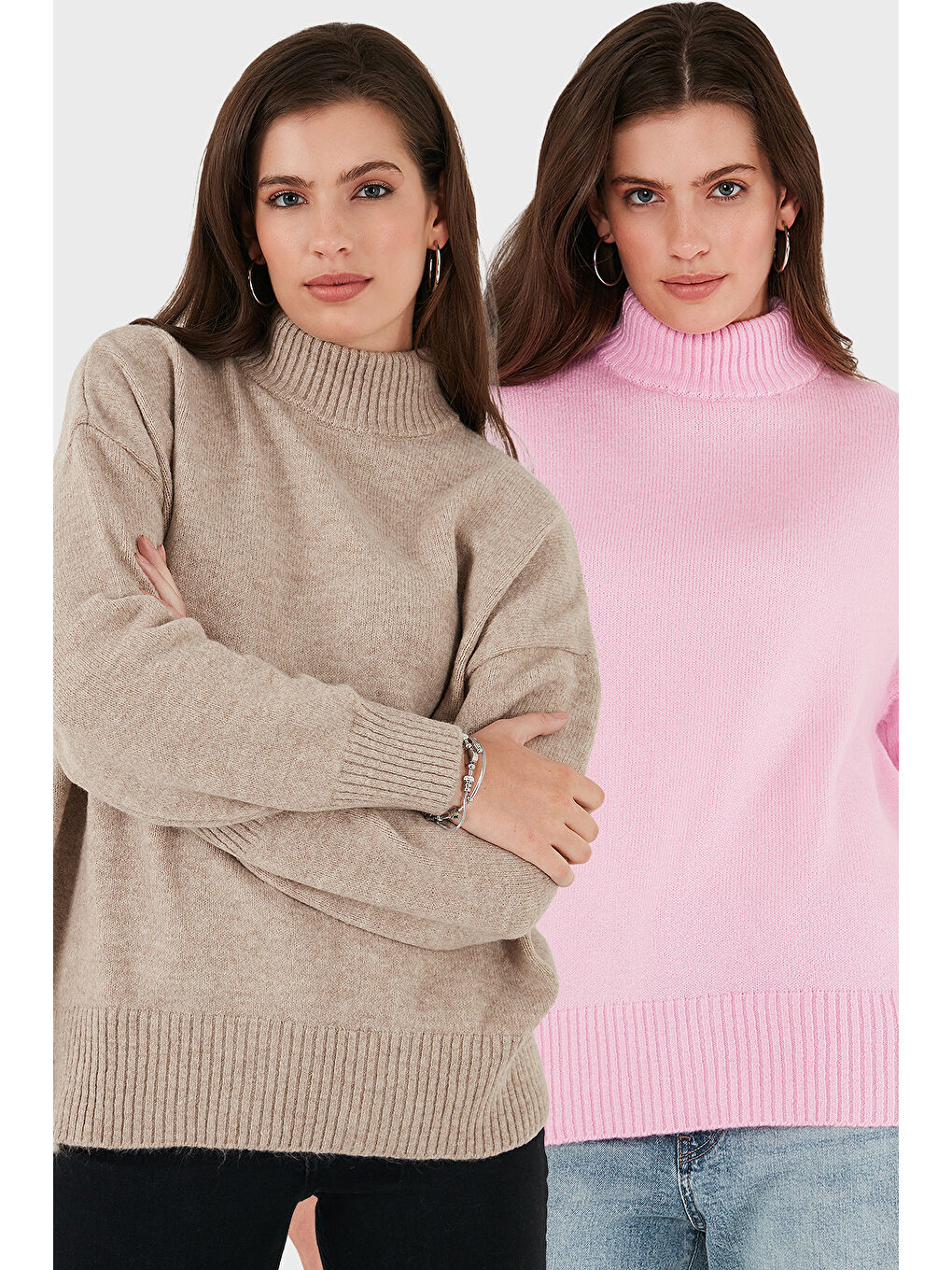 Bej Oversize Fit Balıkçı Yaka Yumuşak Dokulu 2'li Paket Triko Kazak 680KZ00469S2