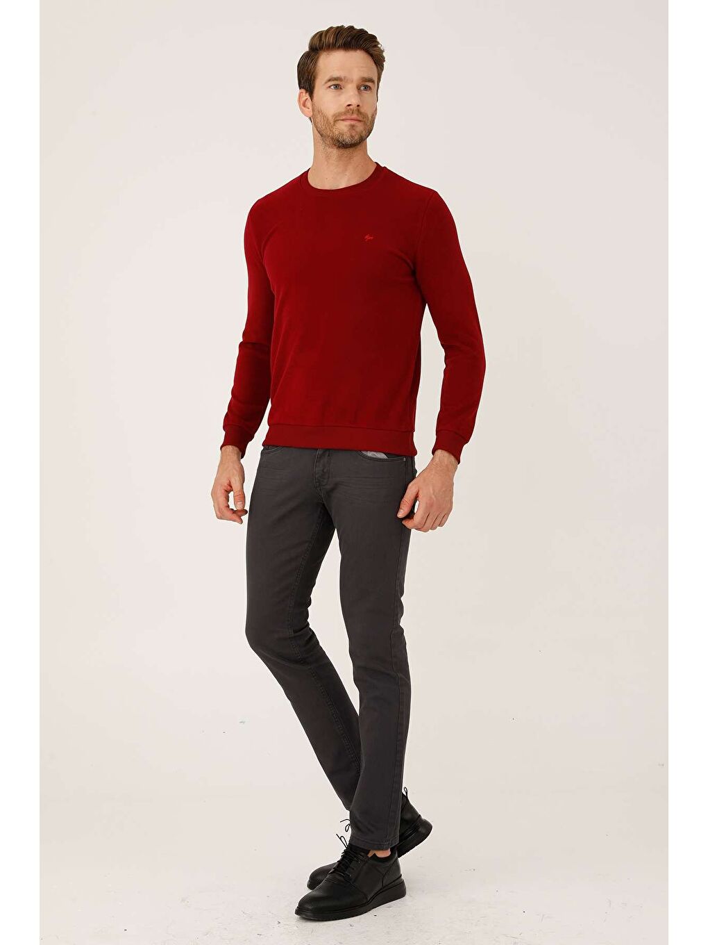 Bordo Rahat Kalıp Bisiklet Yaka Düz Uzun Kollu Triko-1