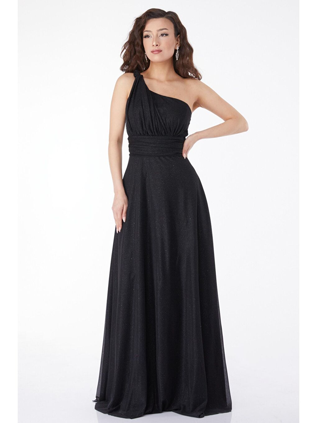 Orta Kadın Siyah Tek Omuzlu Simli Abiye Elbise - 24913