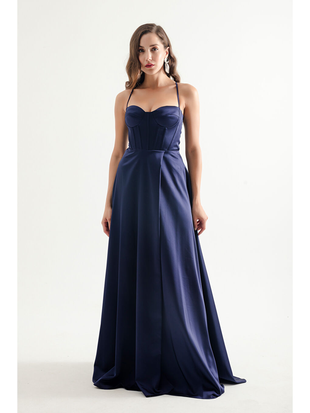 Kadın Lacivert Askılı Uzun Saten Abiye Elbise-1