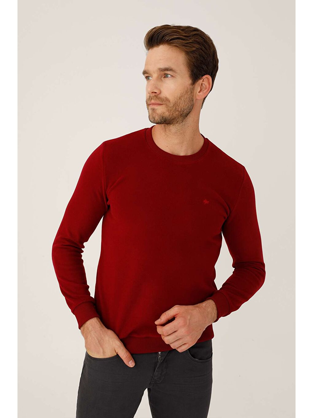 Bordo Rahat Kalıp Bisiklet Yaka Düz Uzun Kollu Triko-2