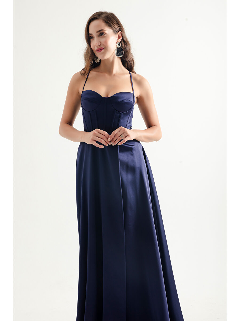 Kadın Lacivert Askılı Uzun Saten Abiye Elbise-2