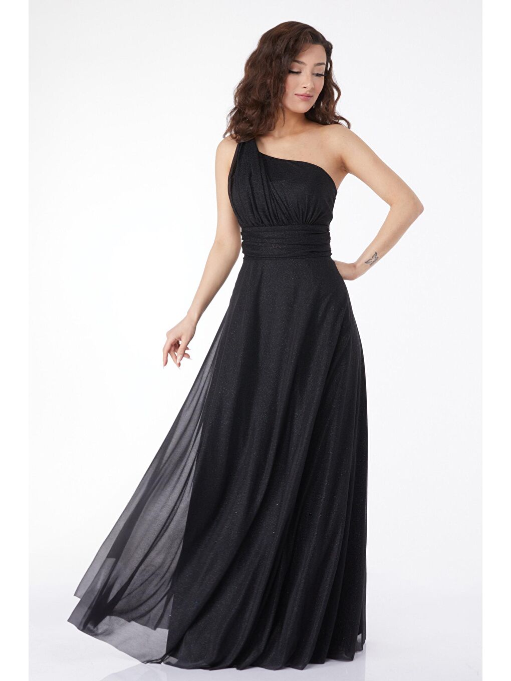 Orta Kadın Siyah Tek Omuzlu Simli Abiye Elbise - 24913-1