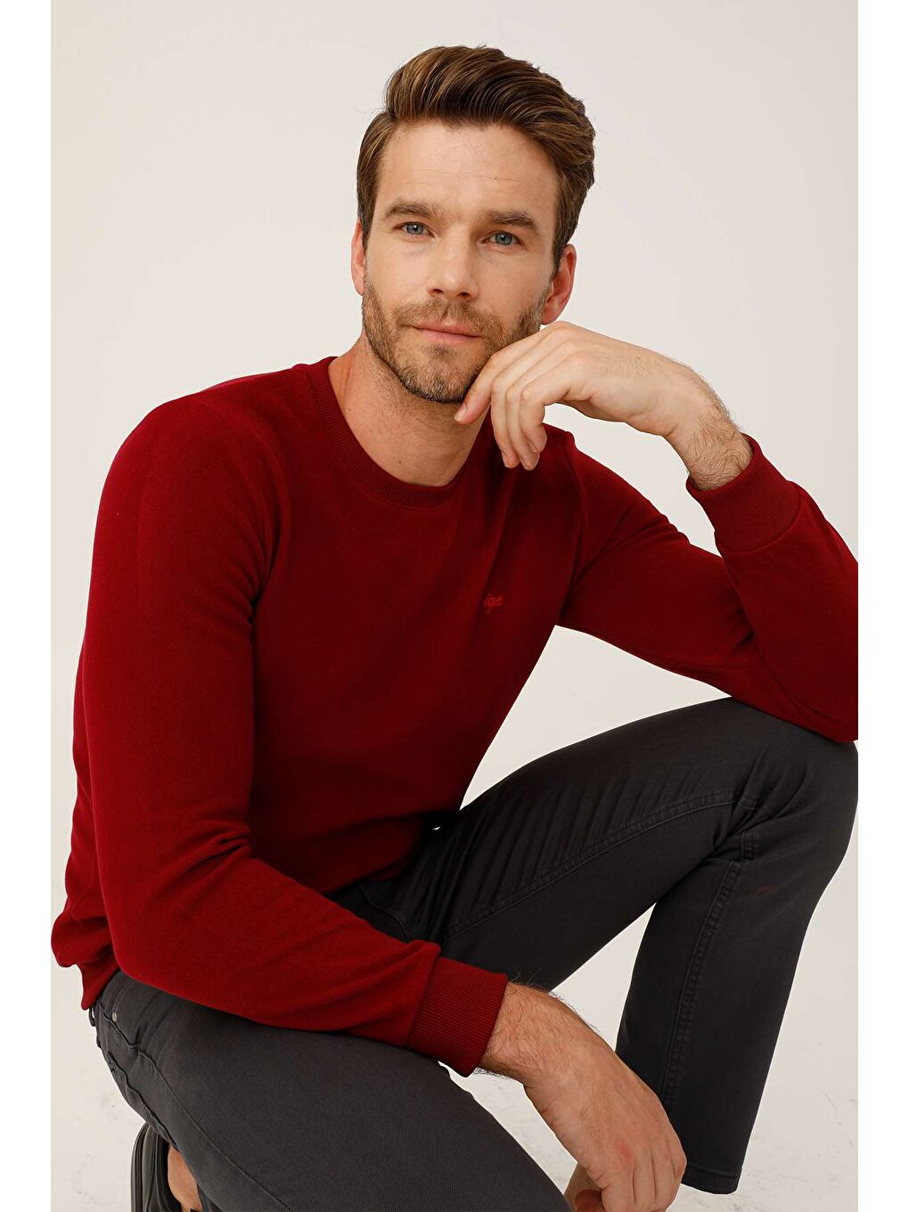 Bordo Rahat Kalıp Bisiklet Yaka Düz Uzun Kollu Triko-4