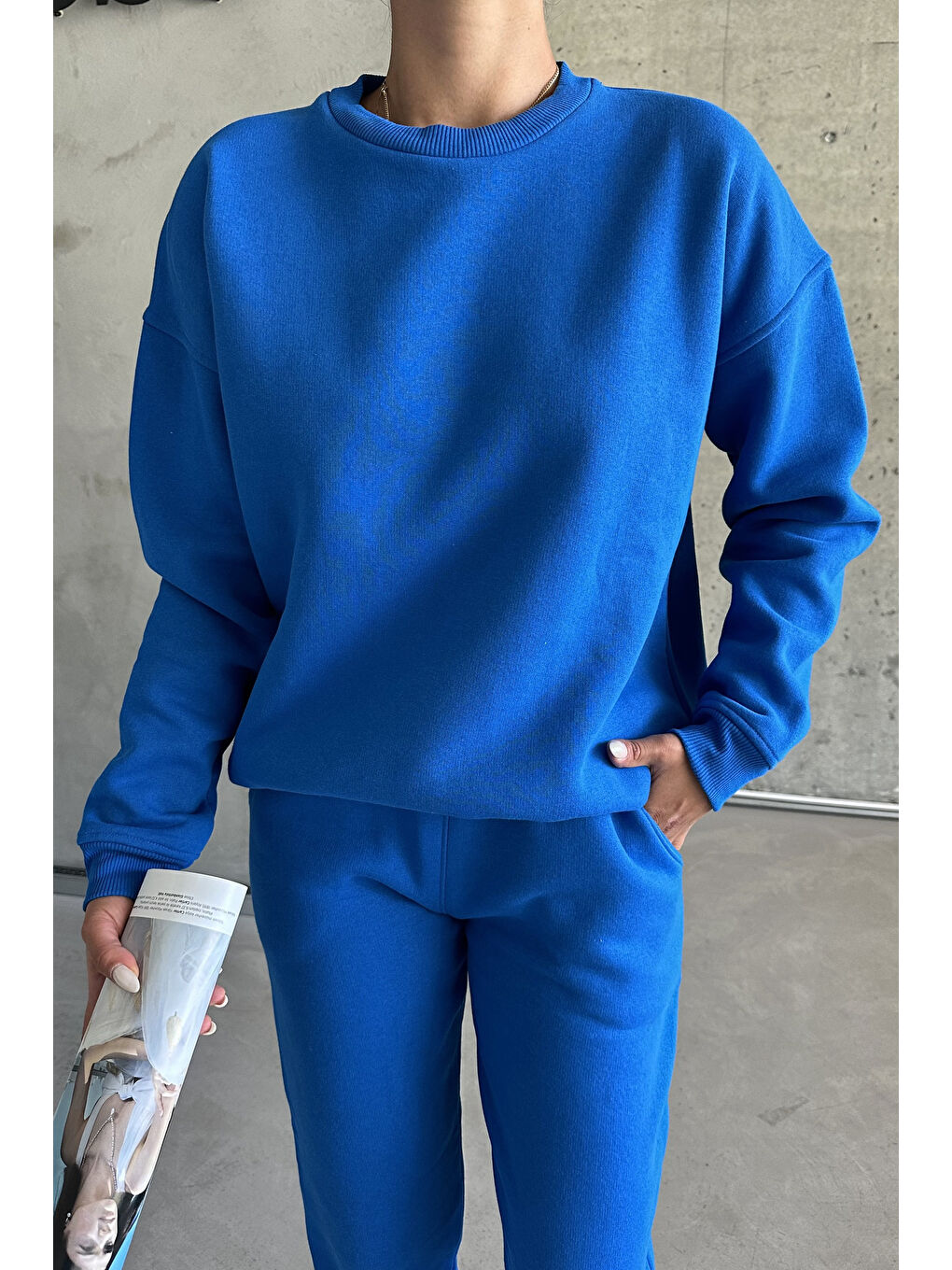 Kadın Erkek Sax Mavi Bisiklet Yaka Düz Oversize Alt-Üst Eşofman Takımı-2