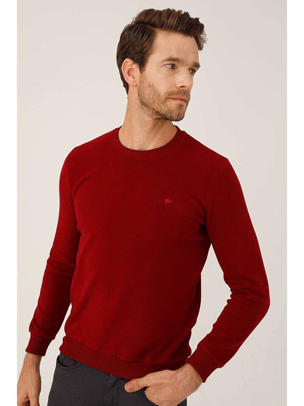 Bordo Rahat Kalıp Bisiklet Yaka Düz Uzun Kollu Triko-5