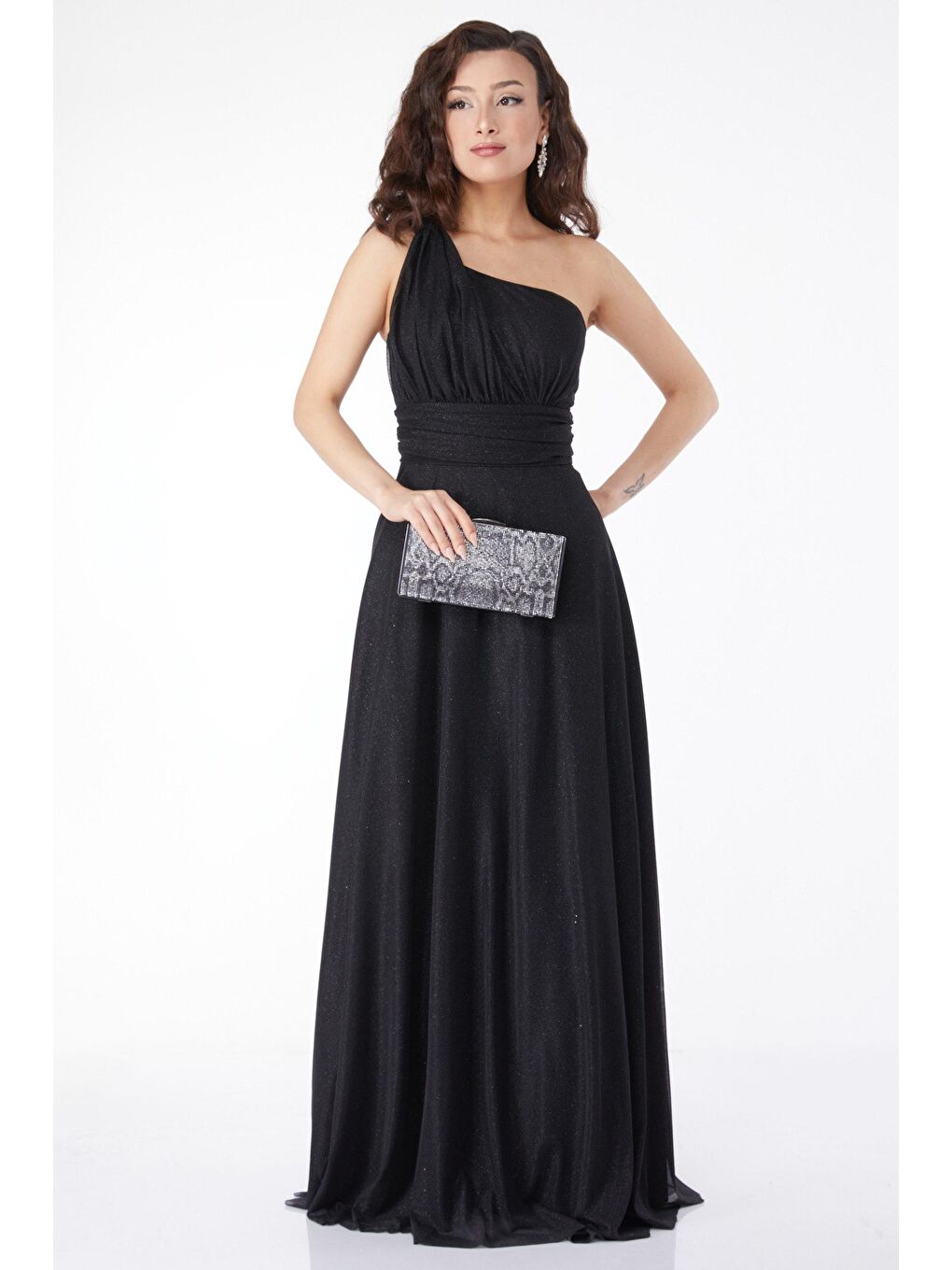 Orta Kadın Siyah Tek Omuzlu Simli Abiye Elbise - 24913-2