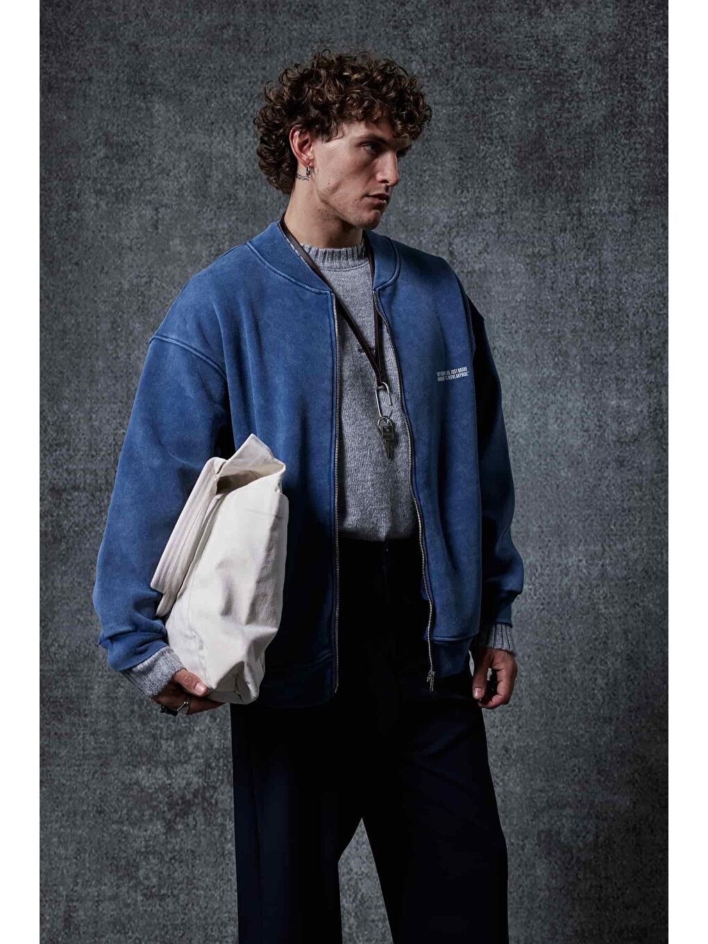 Erkek Oversize Yıkamalı Fermuarlı Sweatshirt Lacivert-1