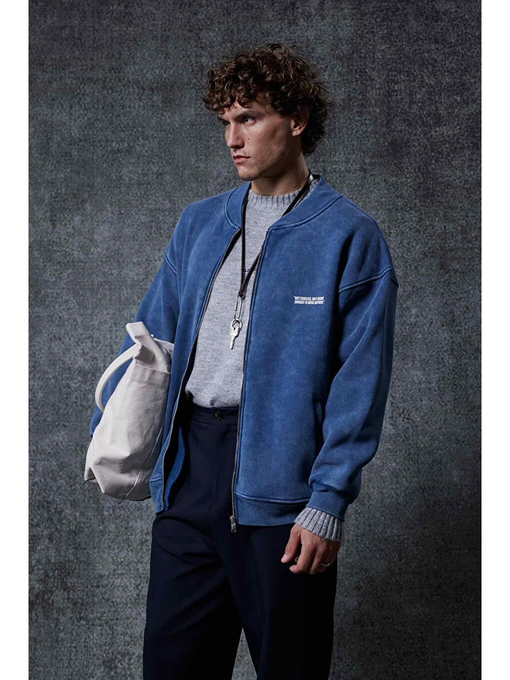 Erkek Oversize Yıkamalı Fermuarlı Sweatshirt Lacivert-2