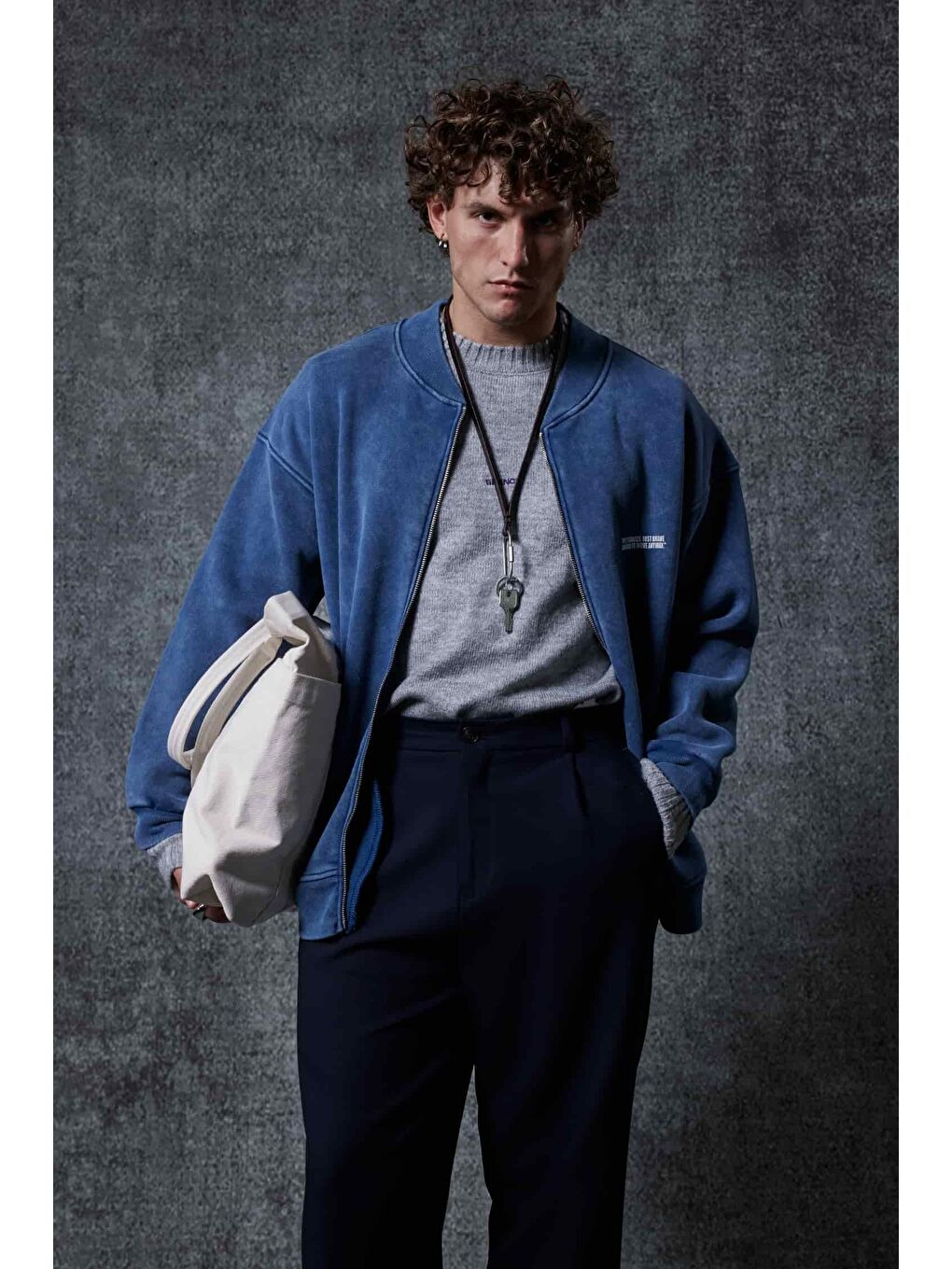 Erkek Oversize Yıkamalı Fermuarlı Sweatshirt Lacivert-3