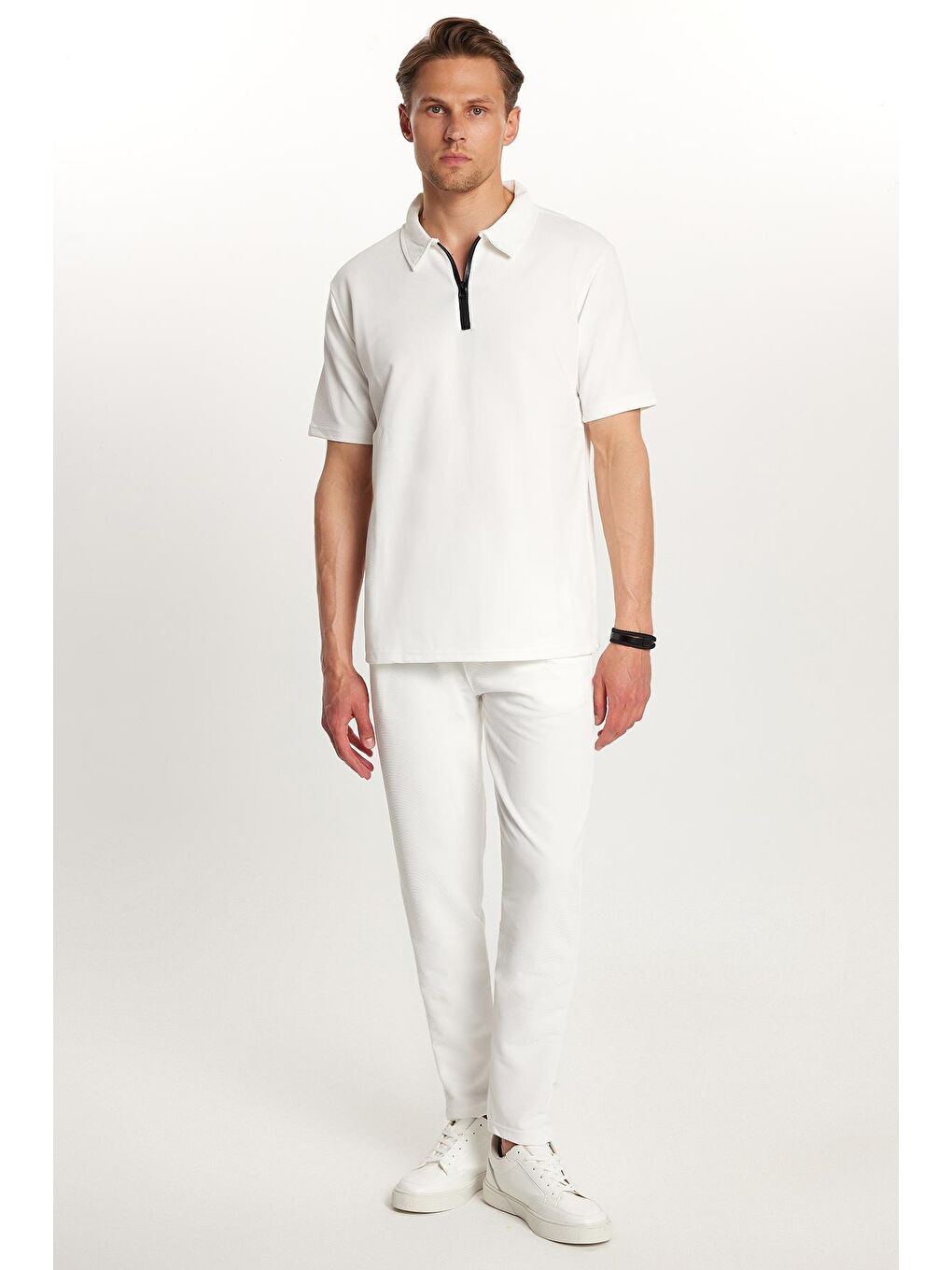 Erkek Standart Fit Pamuklu Fermuarlı Polo Yaka Beli Bağcıklı Beyaz Eşofman Takımı-4