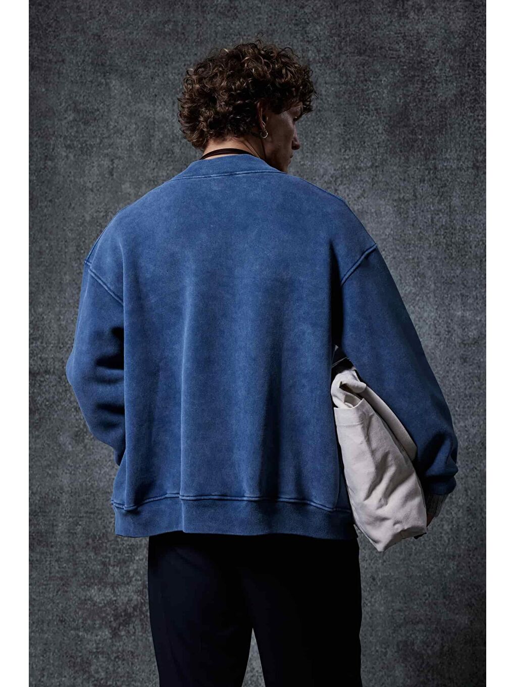 Erkek Oversize Yıkamalı Fermuarlı Sweatshirt Lacivert-4