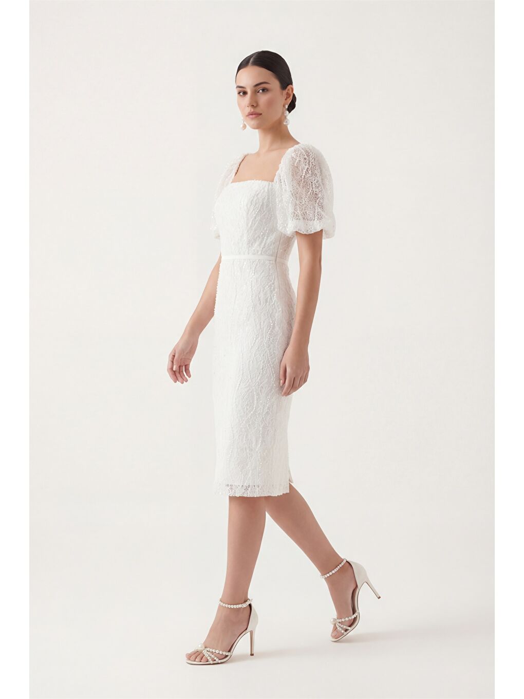 Kadın Beyaz Kare Yaka Balon Kol Midi Söz Nişan Nikah Abiye Elbise