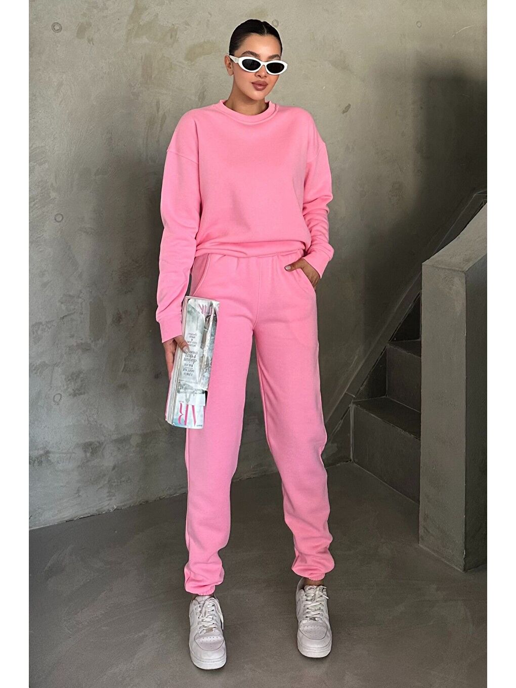 Kadın Erkek Pembe Bisiklet Yaka Düz Oversize Alt-Üst Eşofman Takımı