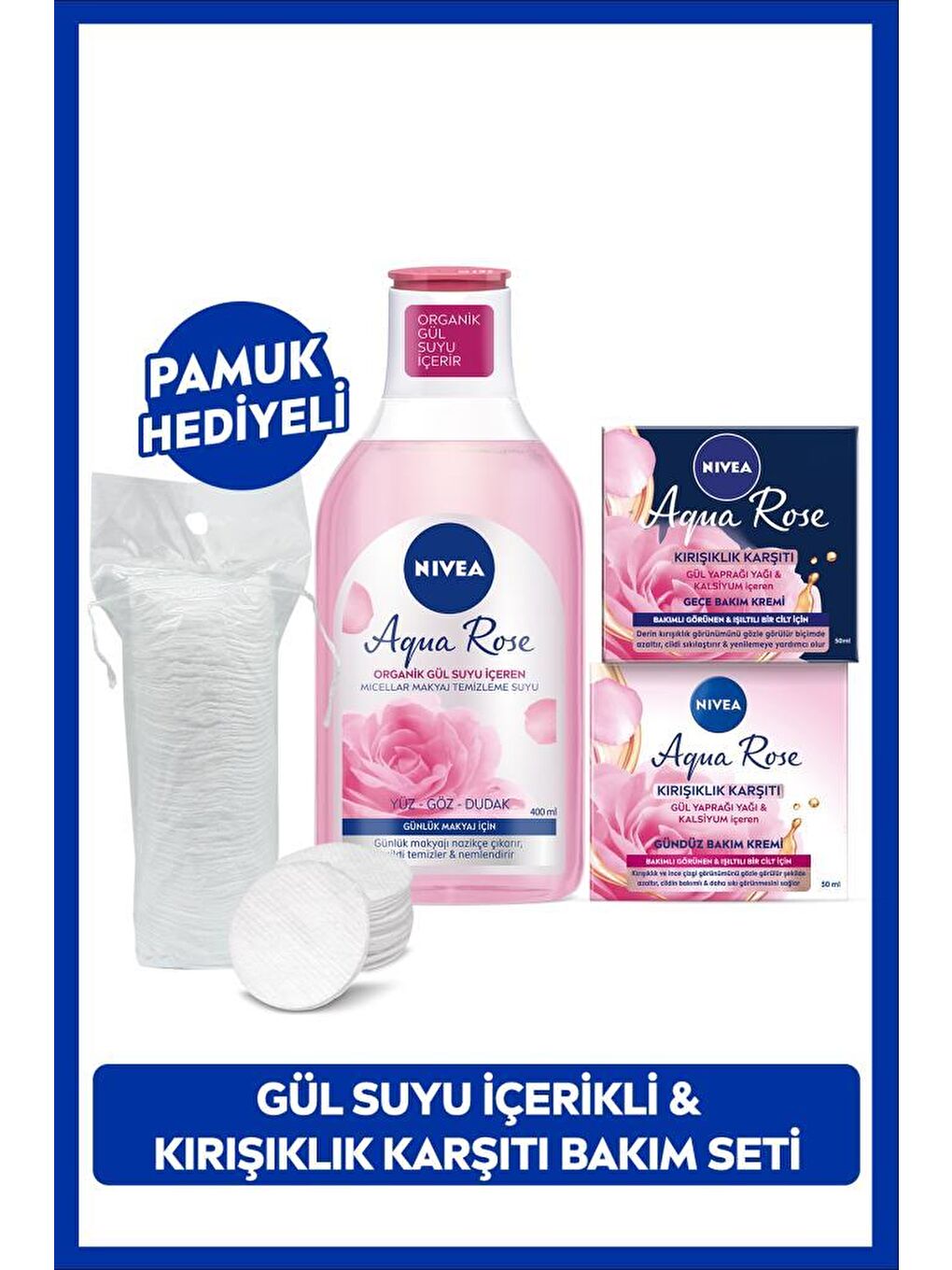 Aqua Rose Günlük Micellar Makyaj Temizleme Suyu 400ml, Gündüz ve Gece Yüz Kremi 50ml, Pamuk Hediyeli