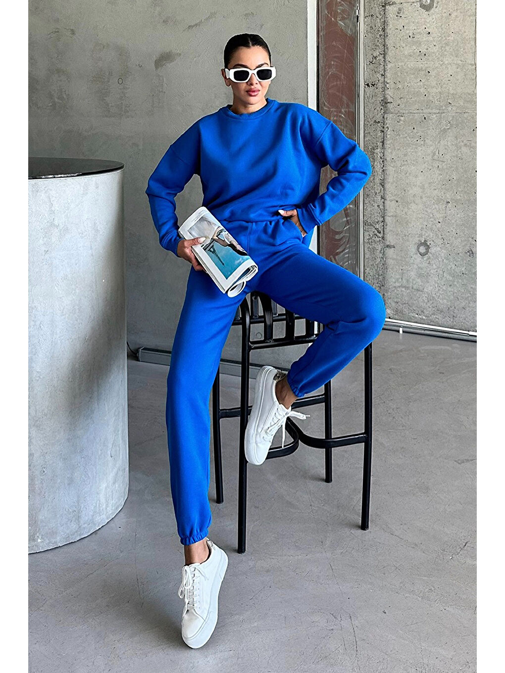 Kadın Erkek Sax Mavi Bisiklet Yaka Düz Oversize Alt-Üst Eşofman Takımı-3