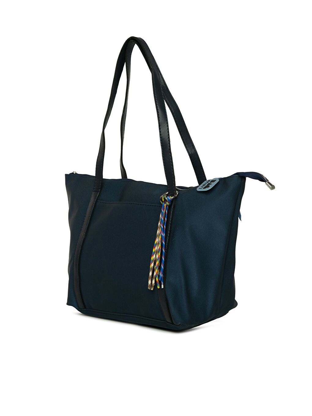 Lacivert Renkli Püskül Detaylı Saten Tote Çanta-1