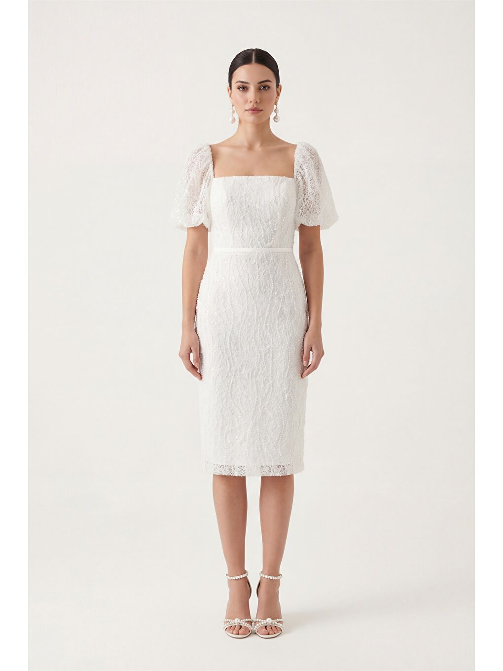 Kadın Beyaz Kare Yaka Balon Kol Midi Söz Nişan Nikah Abiye Elbise-1