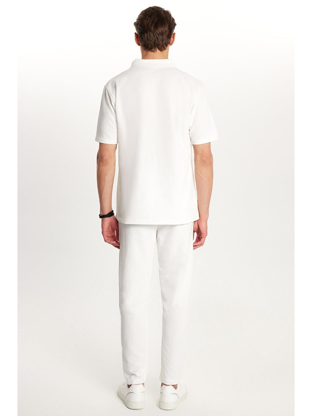 Erkek Standart Fit Pamuklu Fermuarlı Polo Yaka Beli Bağcıklı Beyaz Eşofman Takımı-6