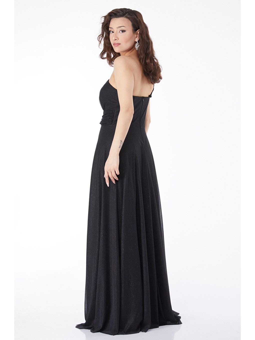 Orta Kadın Siyah Tek Omuzlu Simli Abiye Elbise - 24913-4