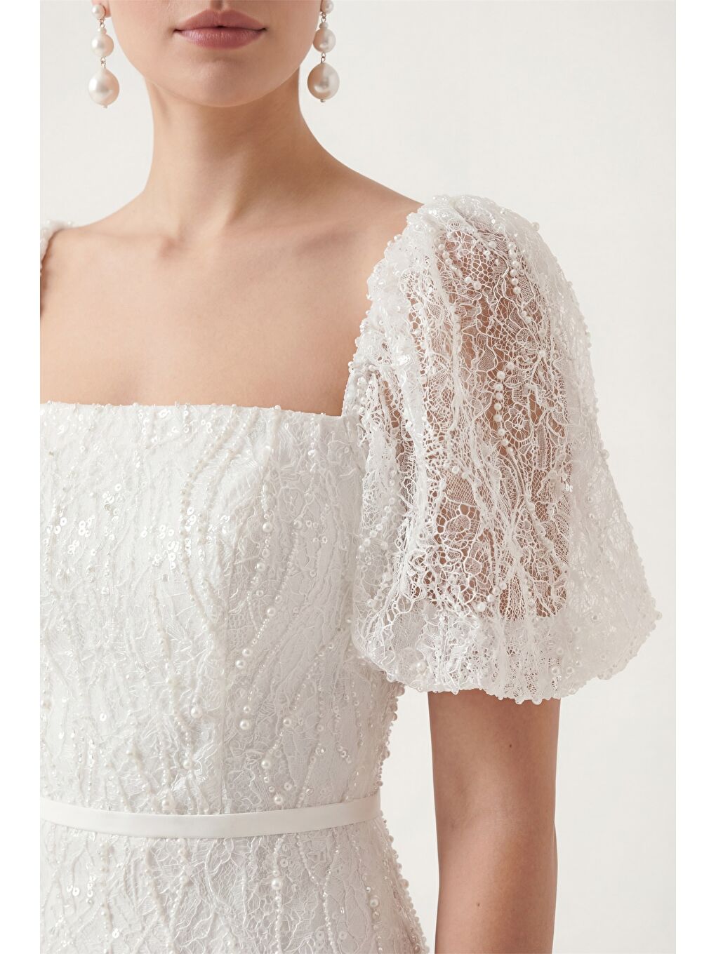 Kadın Beyaz Kare Yaka Balon Kol Midi Söz Nişan Nikah Abiye Elbise-2