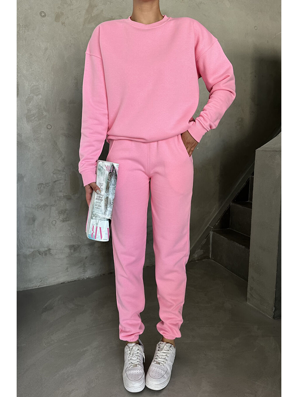 Kadın Erkek Pembe Bisiklet Yaka Düz Oversize Alt-Üst Eşofman Takımı-1