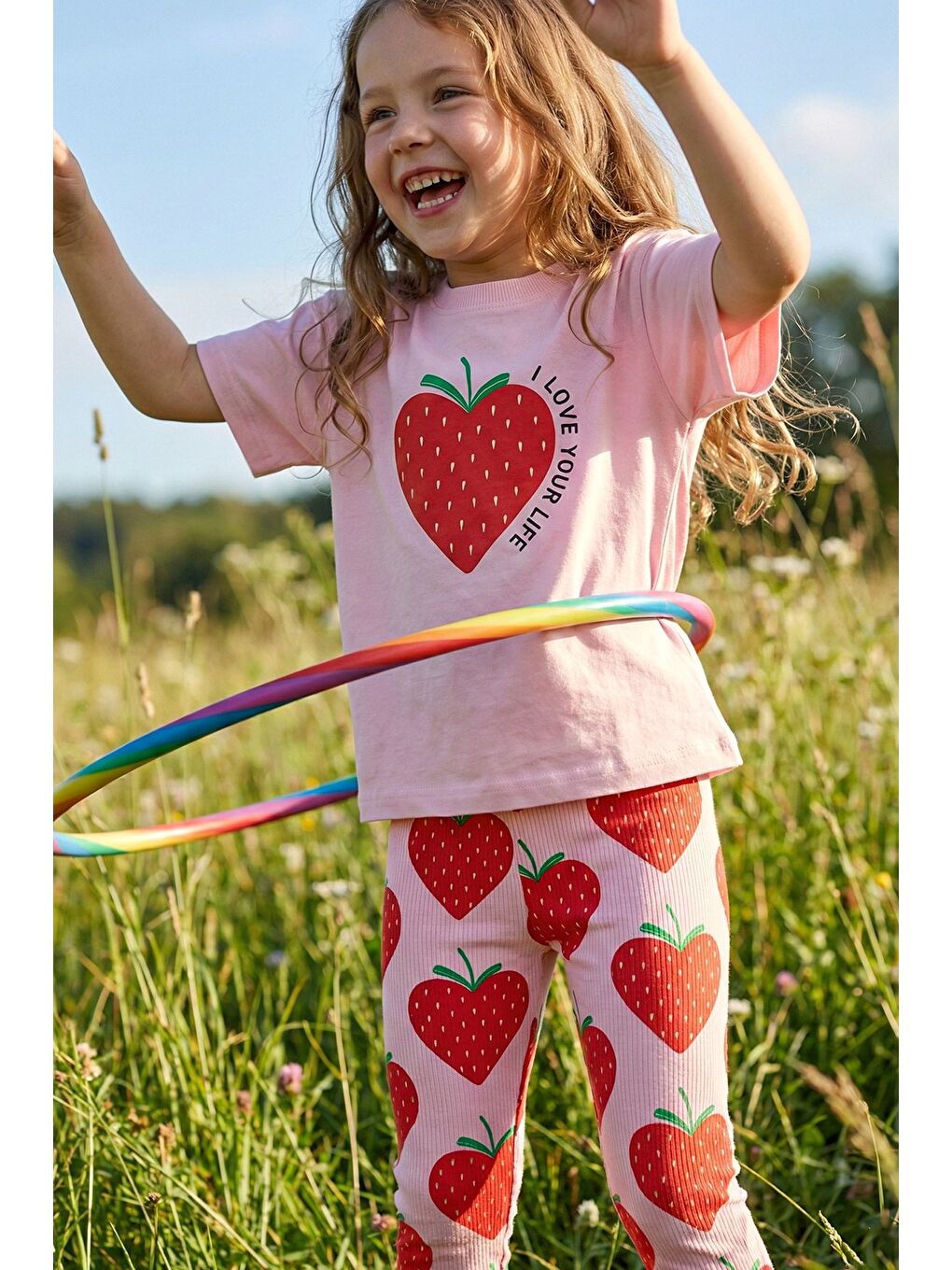 Strawberry Love Baskılı Kız Çocuk Tayt Takım – Pembe Çilek Desenli-3