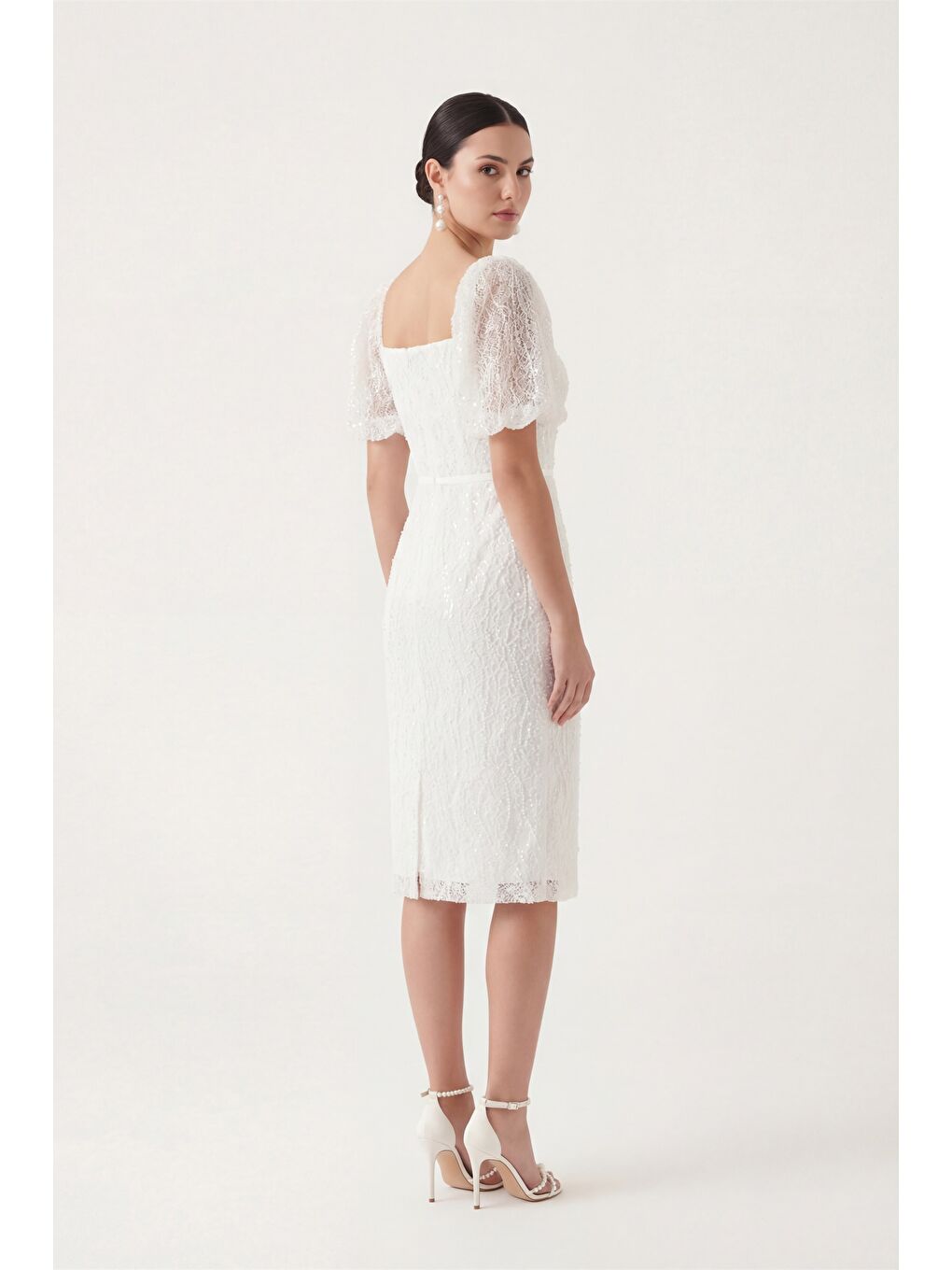 Kadın Beyaz Kare Yaka Balon Kol Midi Söz Nişan Nikah Abiye Elbise-4