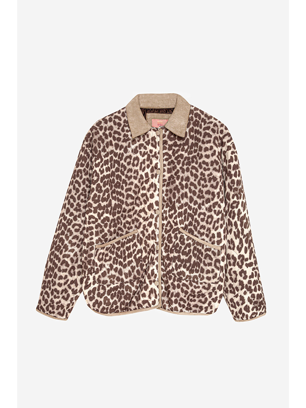 Leopar Desenli Kontrast Yaka Kapitone Ceket Kahverengi
