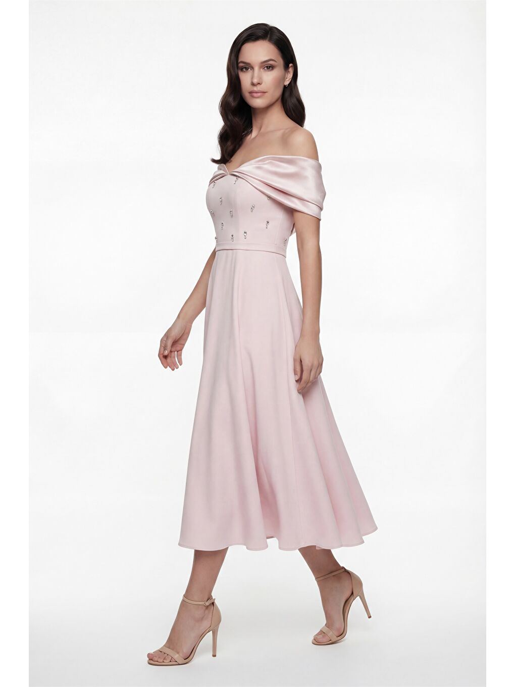 Pembe Kadın Pudra Kayık Yaka Taş Detay Kloş Söz Nişan Nikah Abiye Elbise