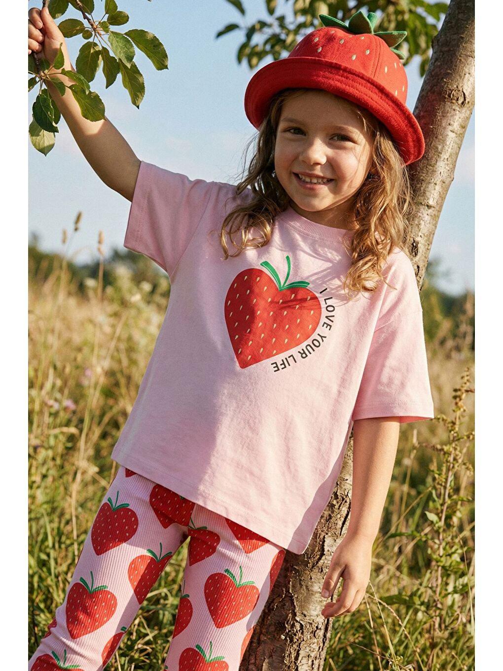Strawberry Love Baskılı Kız Çocuk Tayt Takım – Pembe Çilek Desenli-4