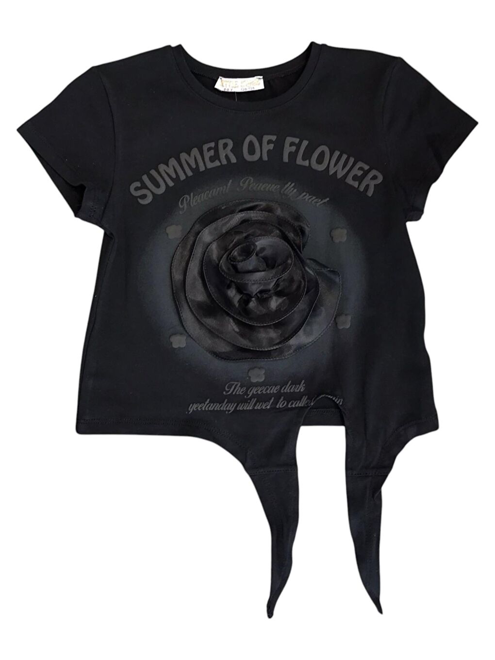 Siyah Kız Çocuk Gül Aksesuarlı Bağlamalı Tshirt