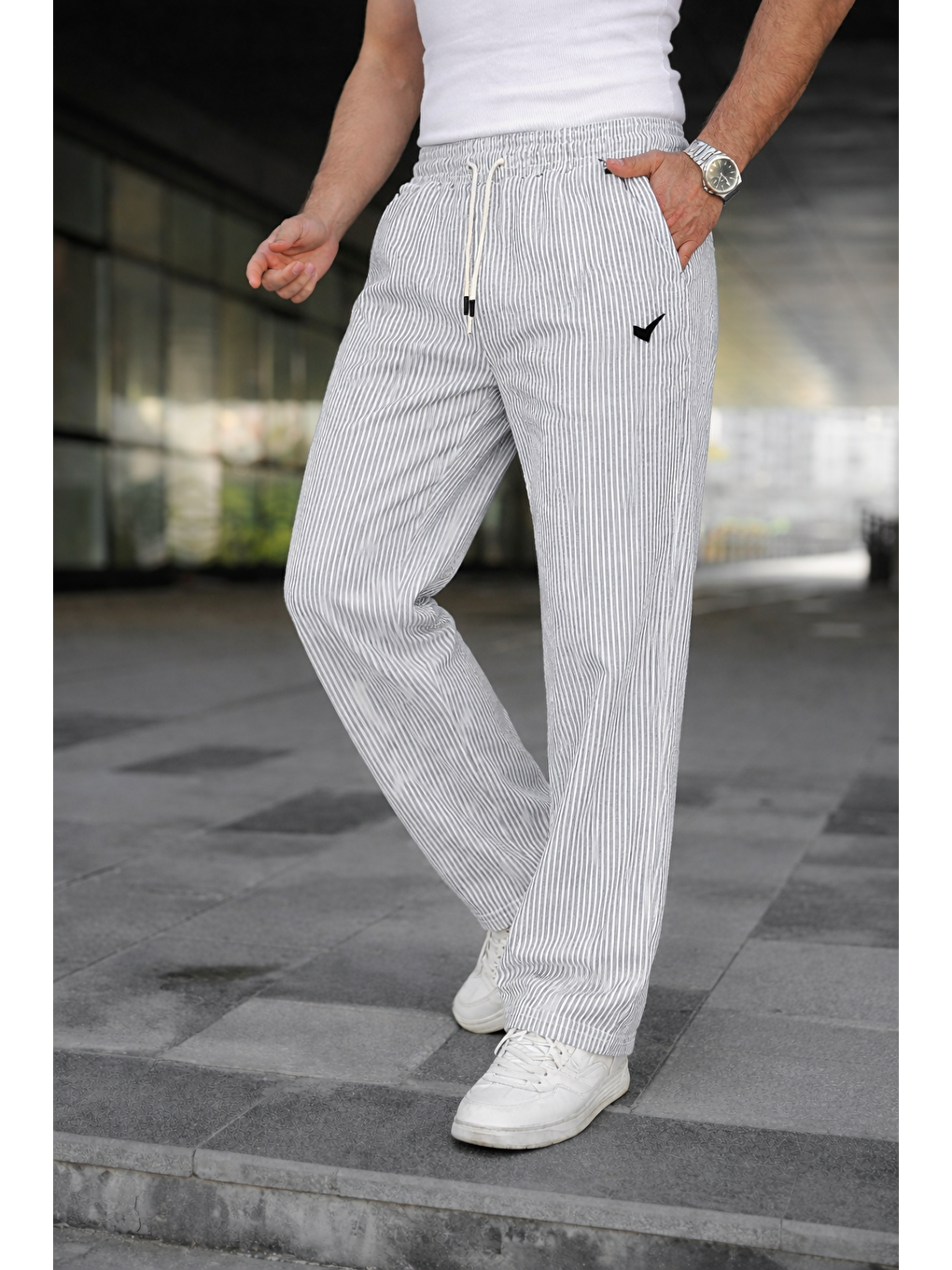 Erkek Trend Lastikli Çizgili Bol Gri Eşofman Altı