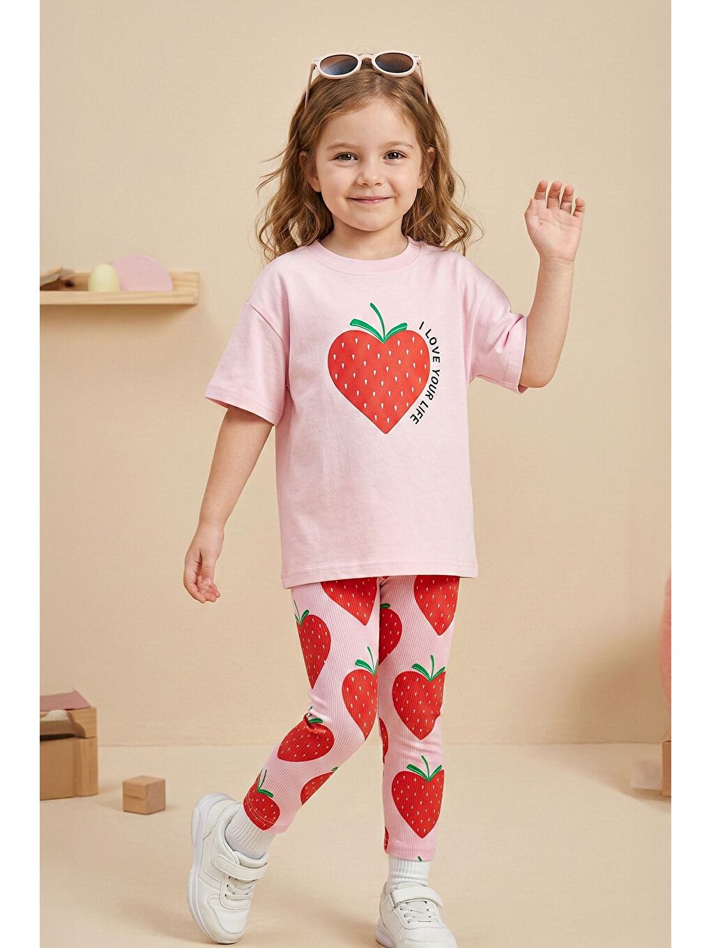 Strawberry Love Baskılı Kız Çocuk Tayt Takım – Pembe Çilek Desenli-5