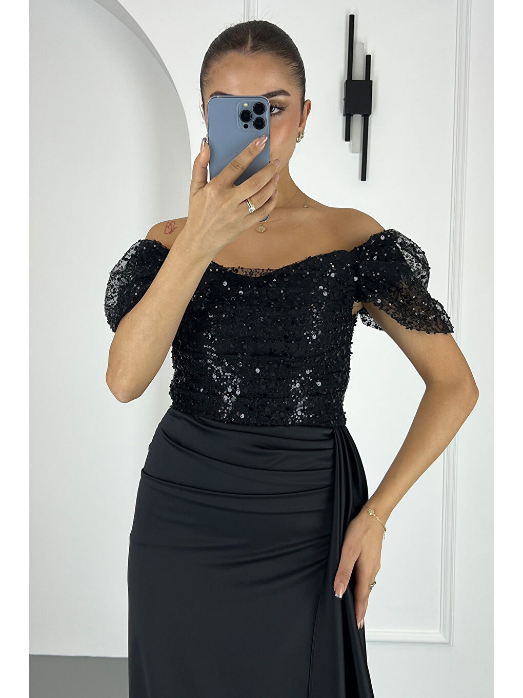 Kadın Siyah Kayık Yaka Pul Payet Uzun Abiye Elbise-2