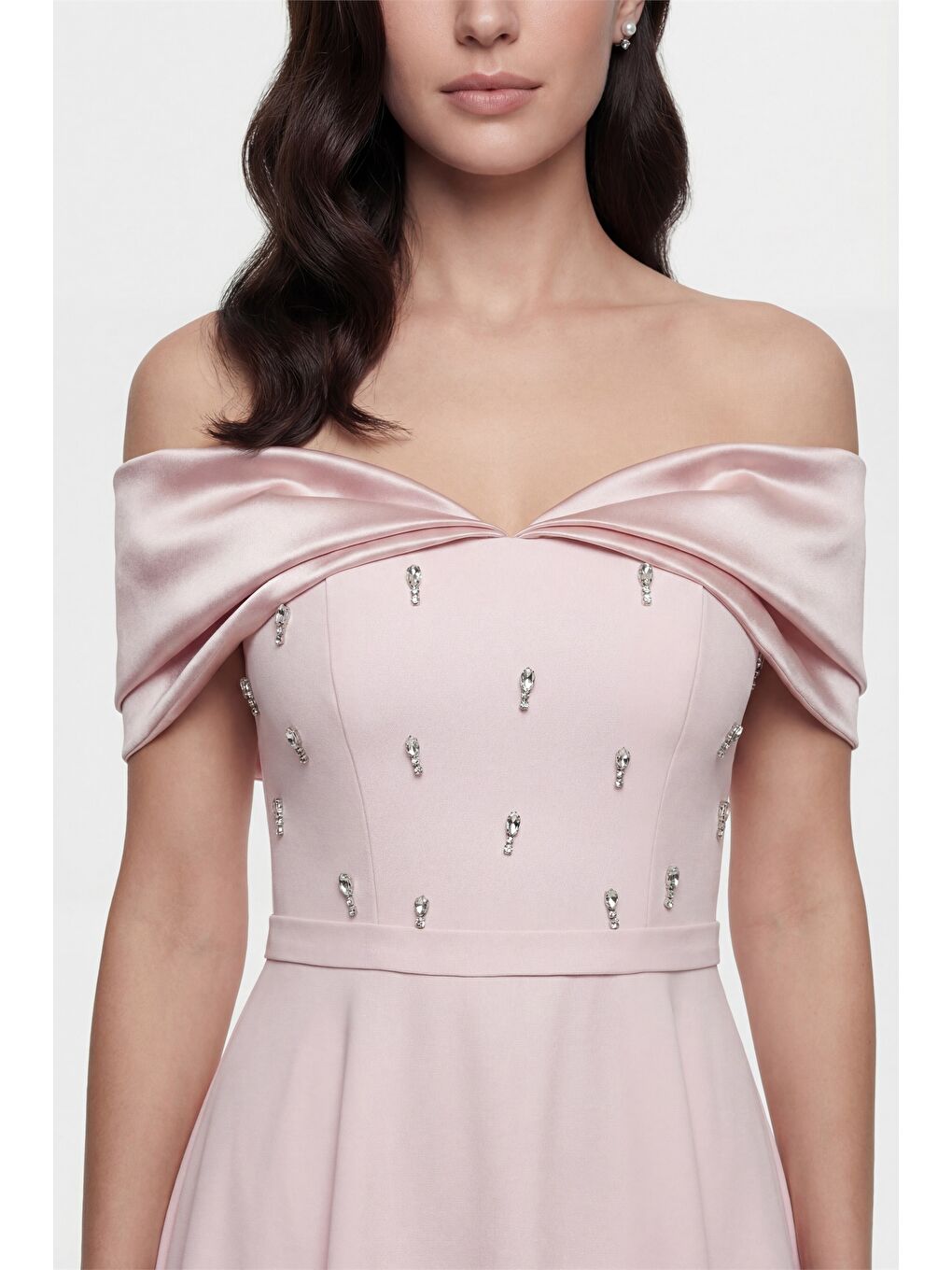 Pembe Kadın Pudra Kayık Yaka Taş Detay Kloş Söz Nişan Nikah Abiye Elbise-2