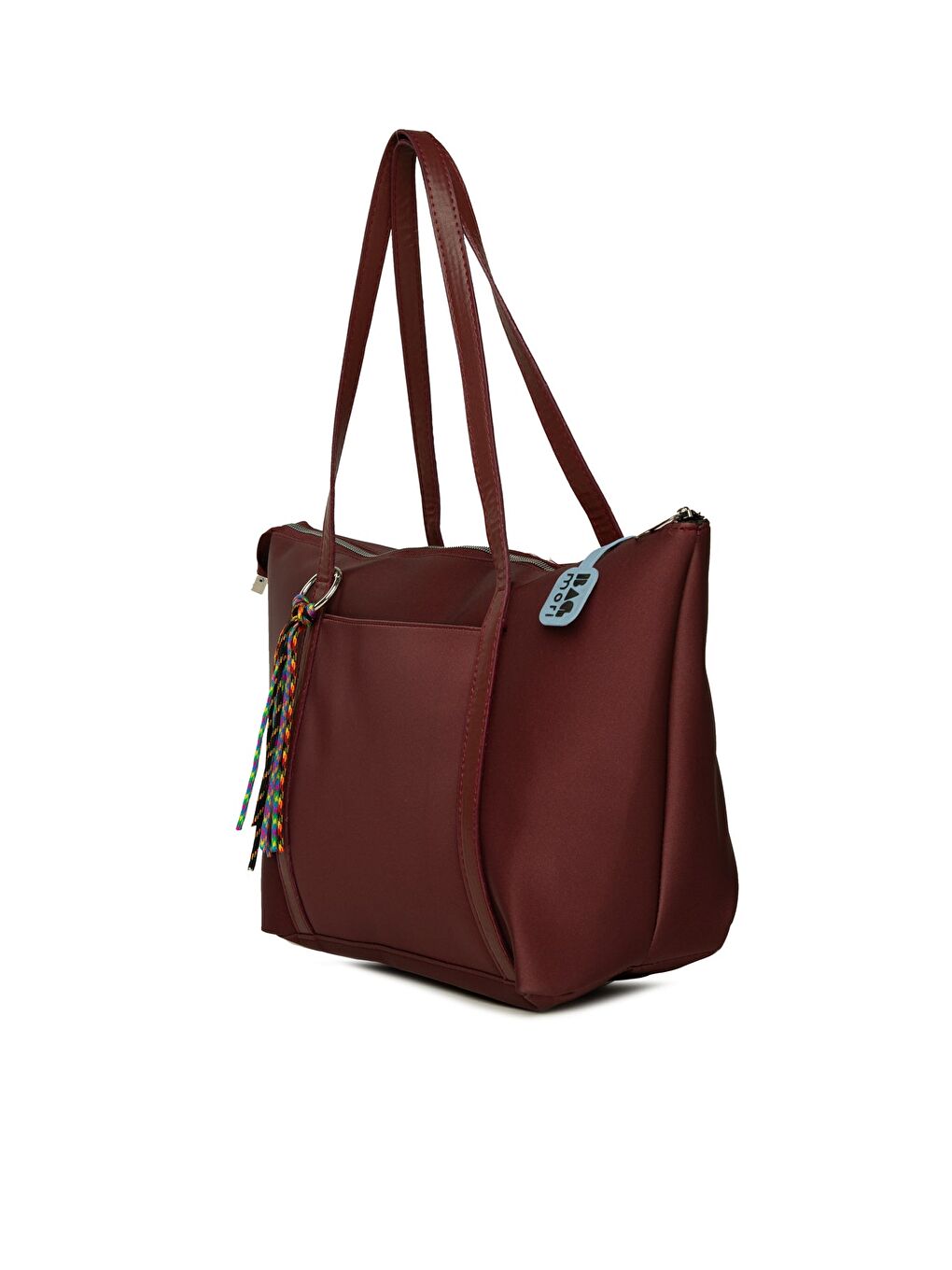 Bordo Renkli Püskül Detaylı Saten Tote Çanta-1