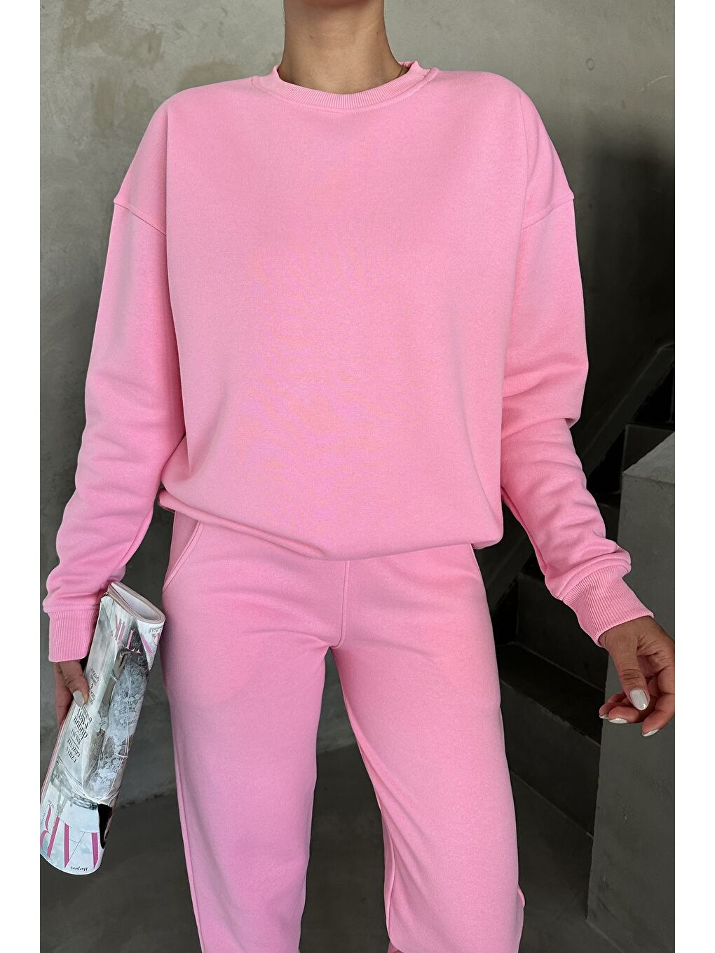 Kadın Erkek Pembe Bisiklet Yaka Düz Oversize Alt-Üst Eşofman Takımı-2