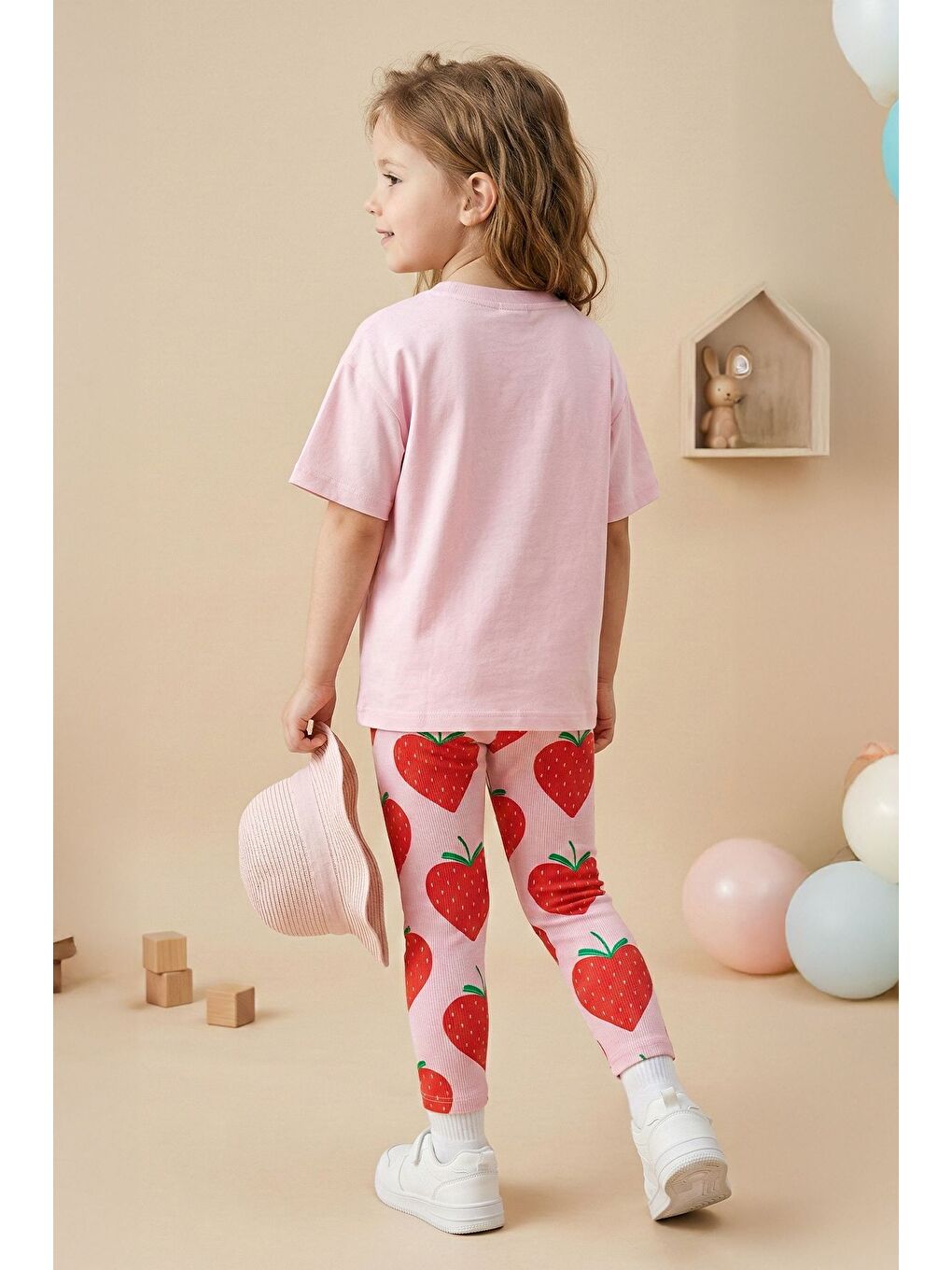 Strawberry Love Baskılı Kız Çocuk Tayt Takım – Pembe Çilek Desenli-6