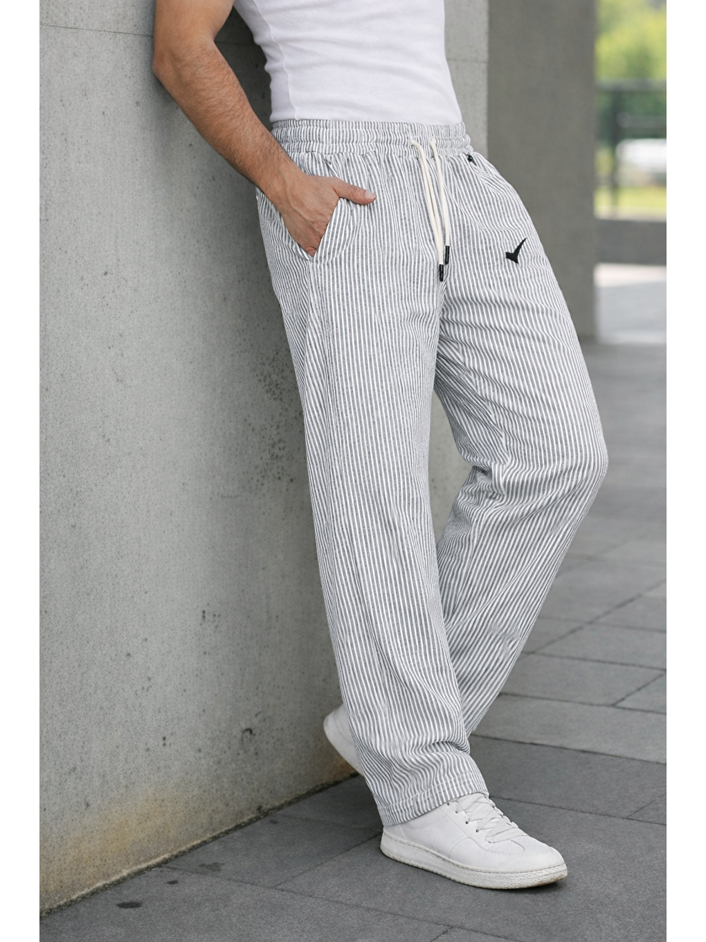 Erkek Trend Lastikli Çizgili Bol Gri Eşofman Altı-2
