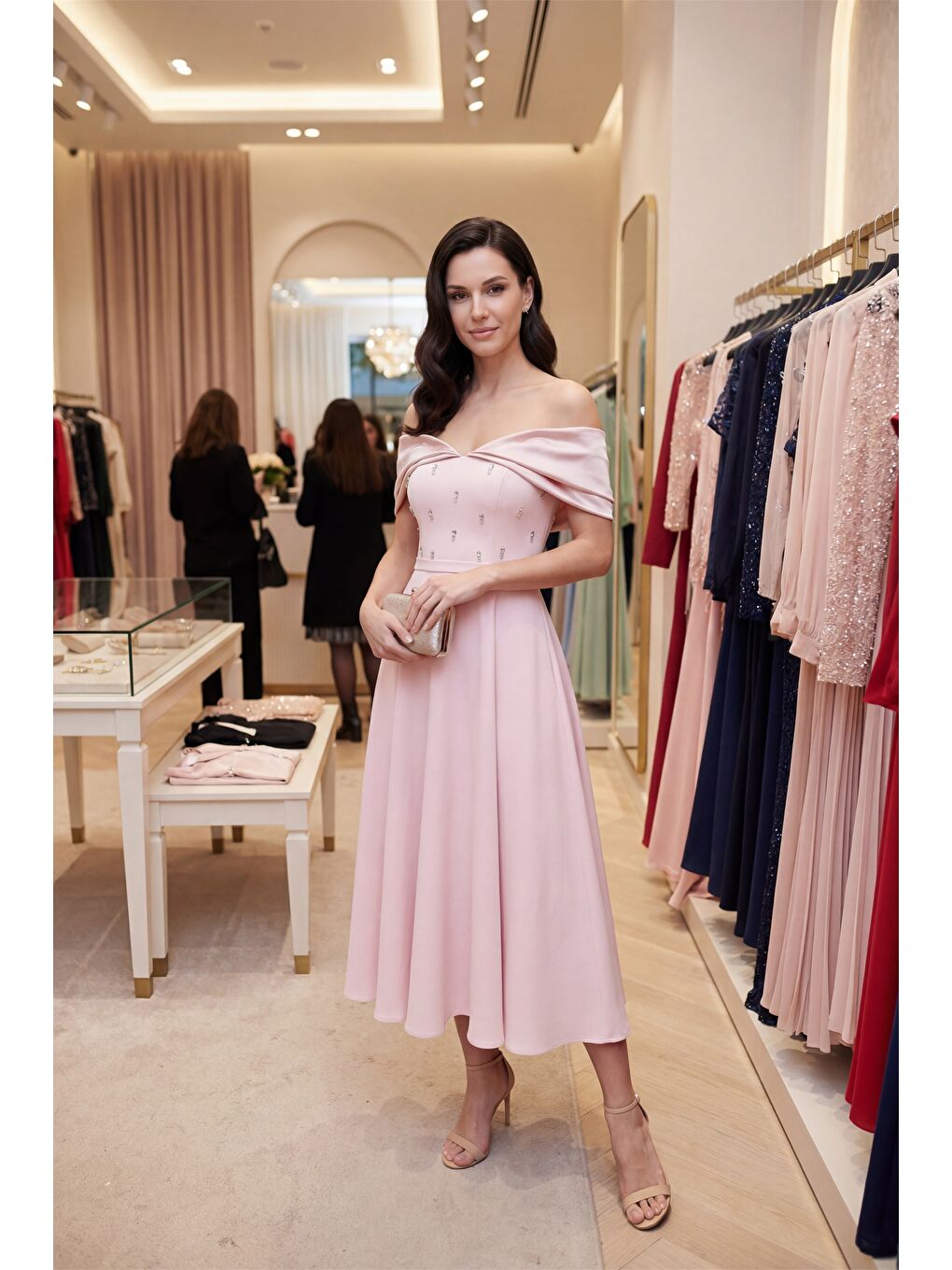 Pembe Kadın Pudra Kayık Yaka Taş Detay Kloş Söz Nişan Nikah Abiye Elbise-3