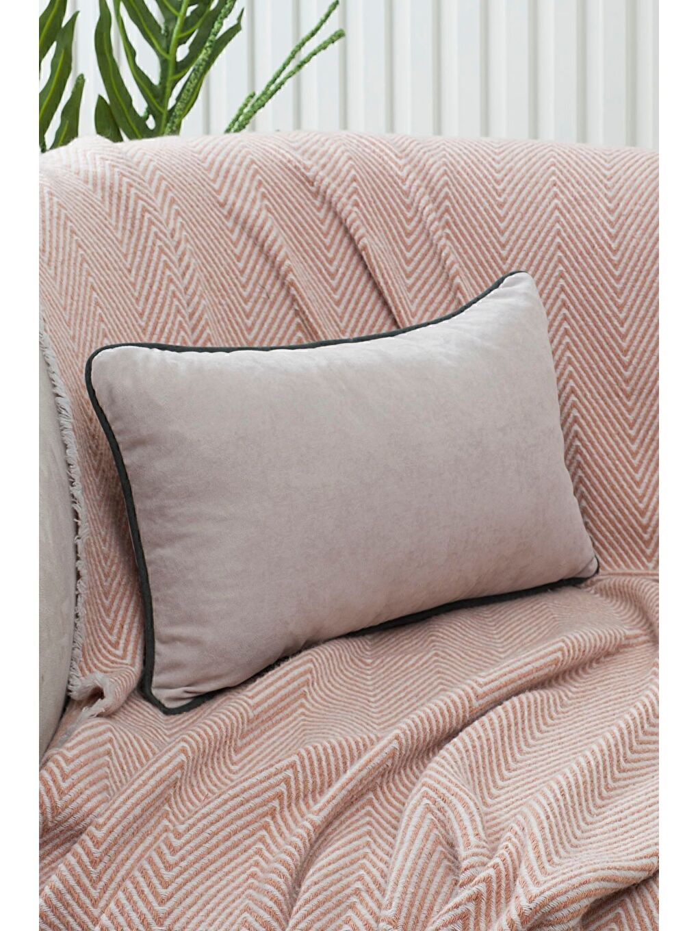 Panbiy Süet Dokulu Düz Punch (panç) İçin Uygun Yeşil Biyeli Açık Gri Dekoratif Kırlent Kılıfı-1