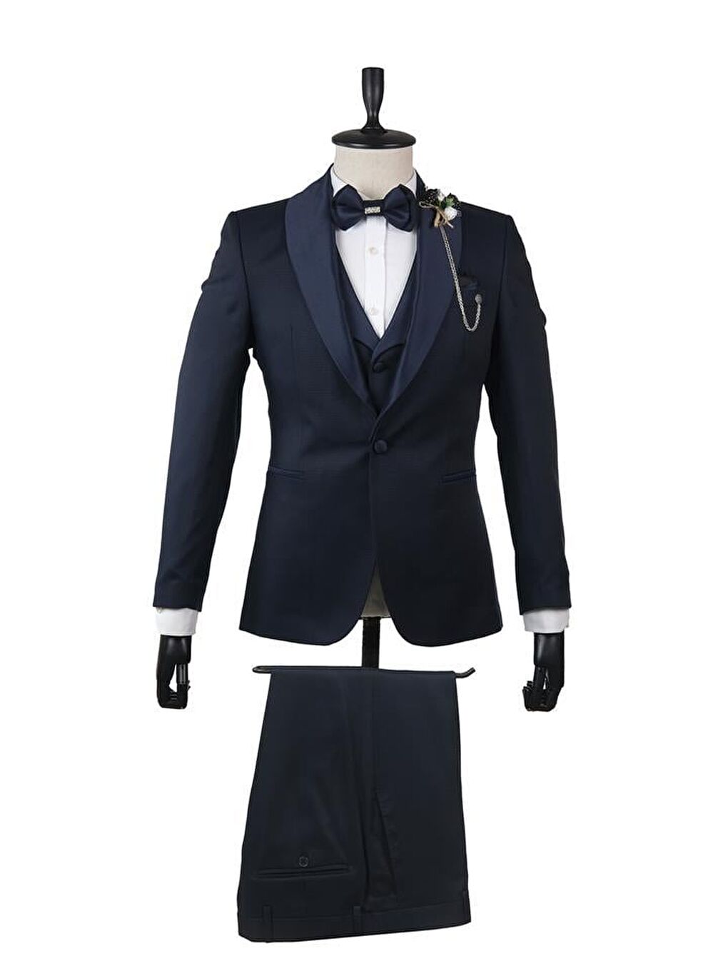 Lacivert Desenli Şal Yaka Astarlı Yelekli 6 Drop Slim Fit Dar Kesim Smokin Damatlık 1001210103