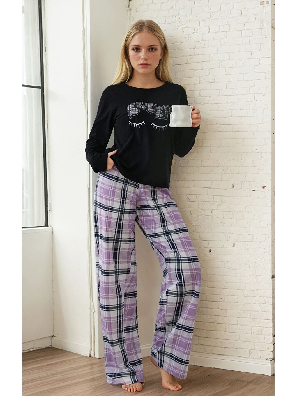 Mor Ekose Desen Sleep Baskılı Uzun Kol Pijama Takımı