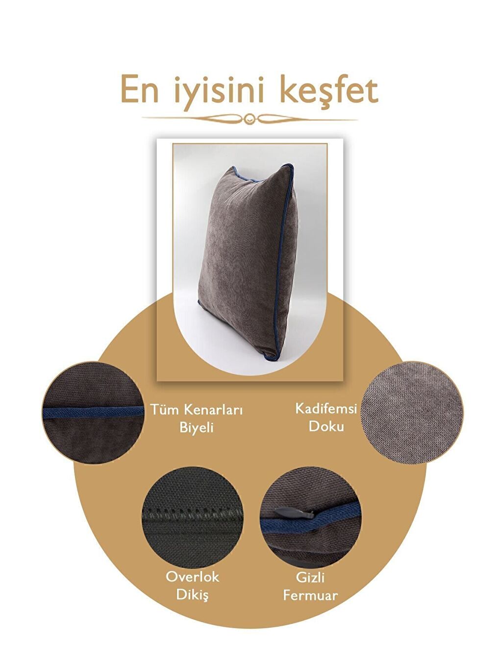 Panbiy Süet Dokulu Düz Punch (panç) İçin Uygun Mavi Biyeli Gri Dekoratif Kırlent Kılıfı-3