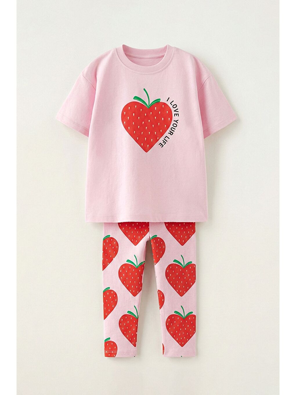 Strawberry Love Baskılı Kız Çocuk Tayt Takım – Pembe Çilek Desenli-7