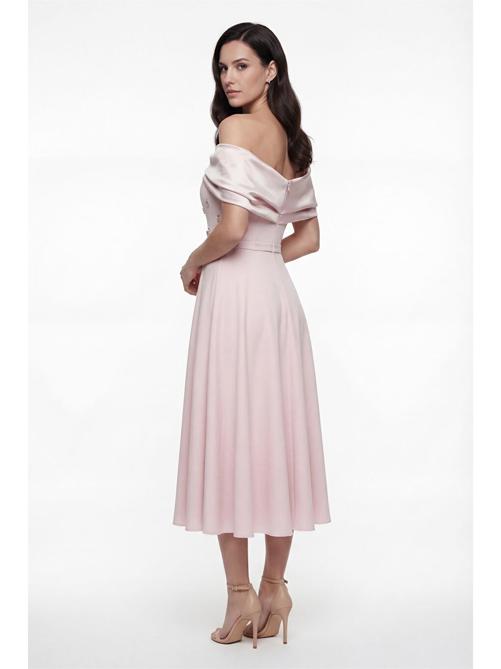 Pembe Kadın Pudra Kayık Yaka Taş Detay Kloş Söz Nişan Nikah Abiye Elbise-4